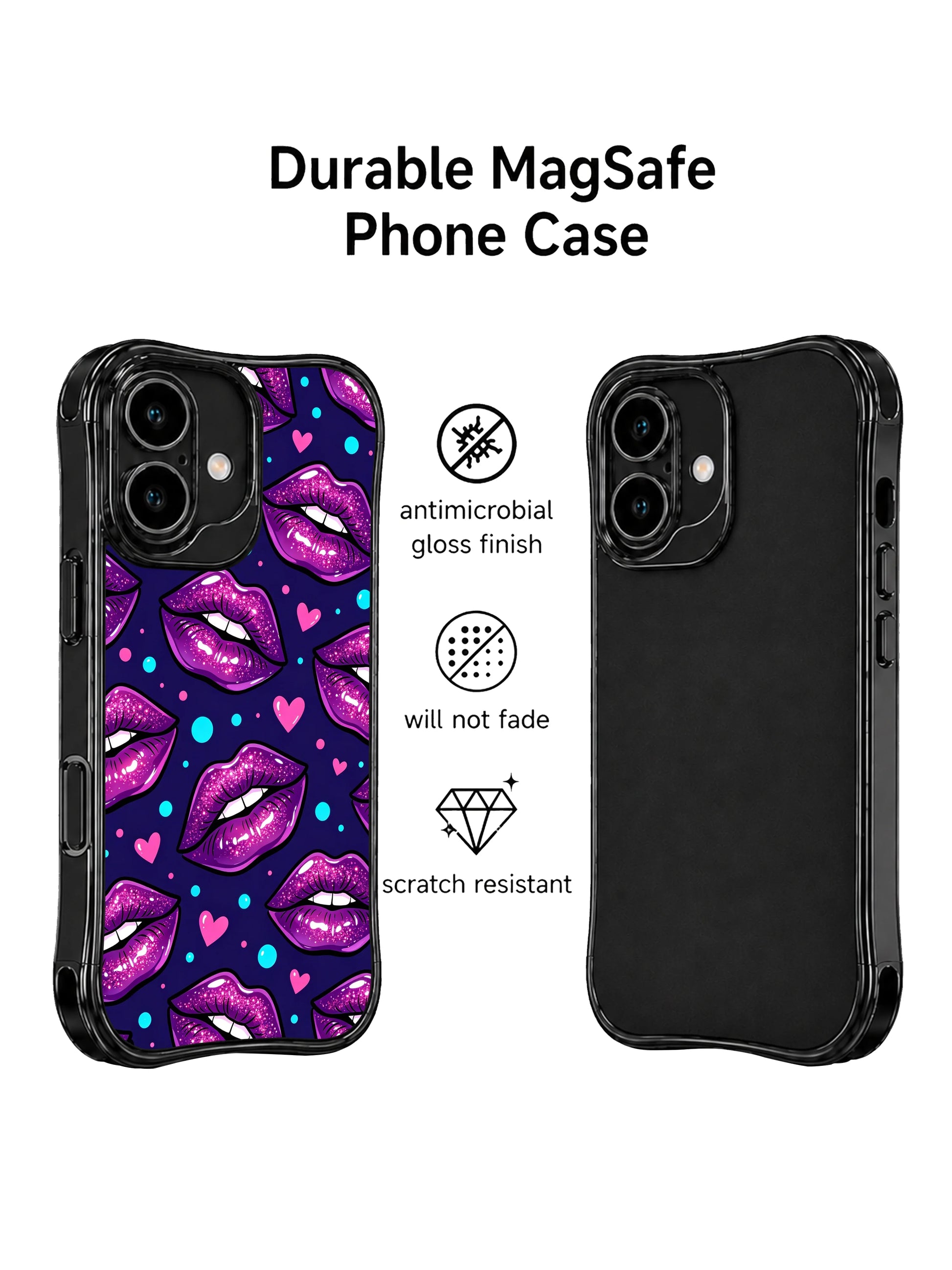 PhoneCasing iPhone 16 case with glitter purple lips and small heart accents, designed for shoppers comparing expressive iPhone 16 cases with romantic pop energy.