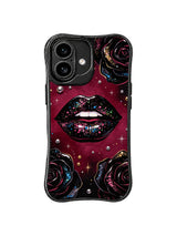 PhoneCasing iPhone 16 case featuring glittered black lips, dark rose blooms, silver pearl details, and a polished midnight art mood.