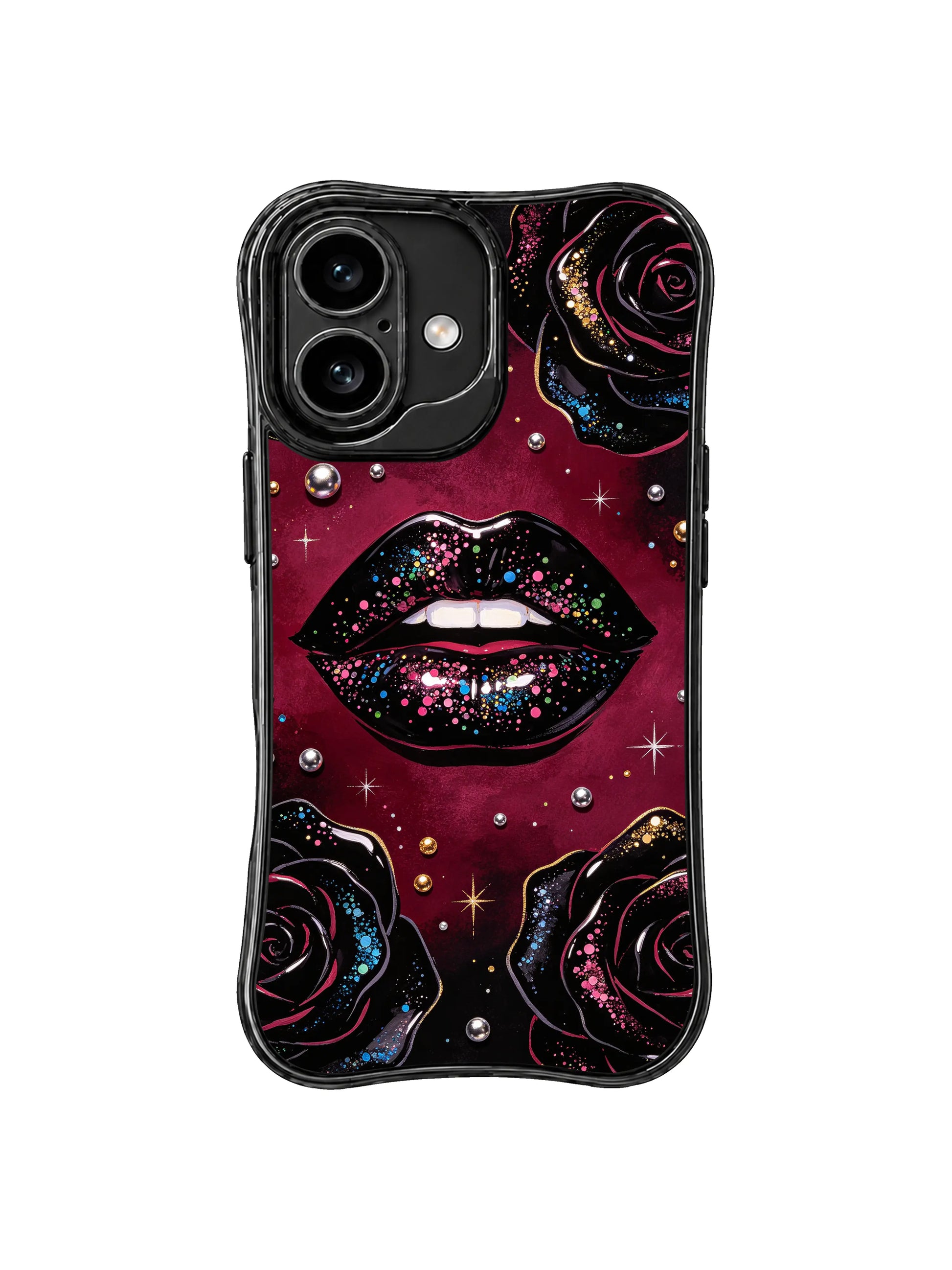 PhoneCasing iPhone 16 case featuring glittered black lips, dark rose blooms, silver pearl details, and a polished midnight art mood.