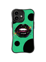 PhoneCasing iPhone 16 case featuring glossy lip color sparks, emerald green background, and black circles for a bold feminine iPhone 16 cover.