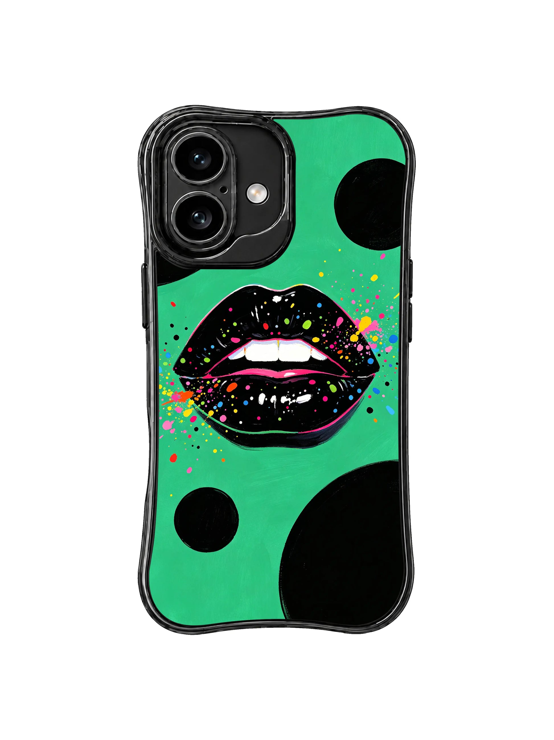 PhoneCasing iPhone 16 case featuring glossy lip color sparks, emerald green background, and black circles for a bold feminine iPhone 16 cover.