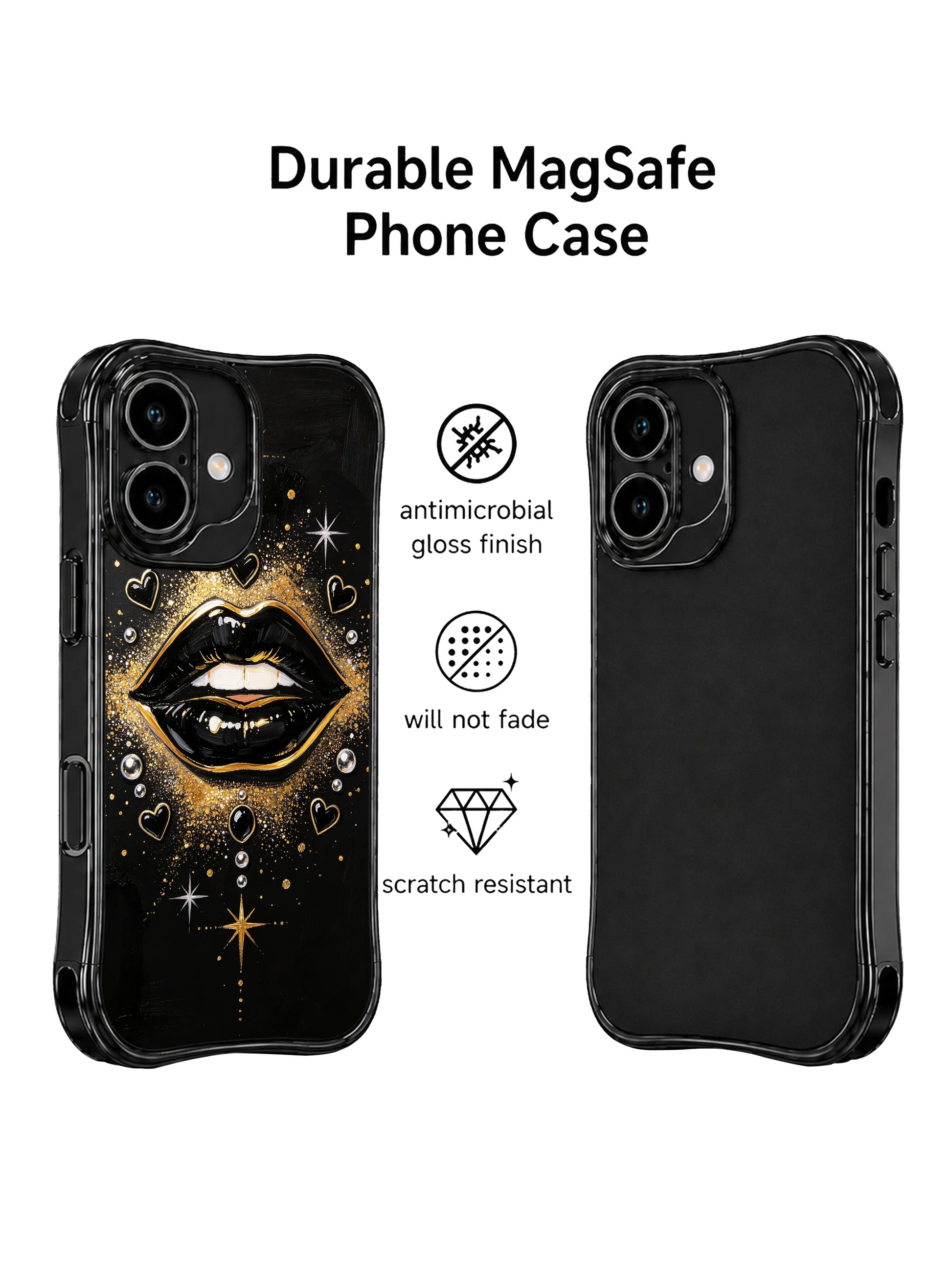 PhoneCasing iPhone 16 case with glossy black lips and metallic gold highlights for shoppers looking at bold iPhone 16 cases.