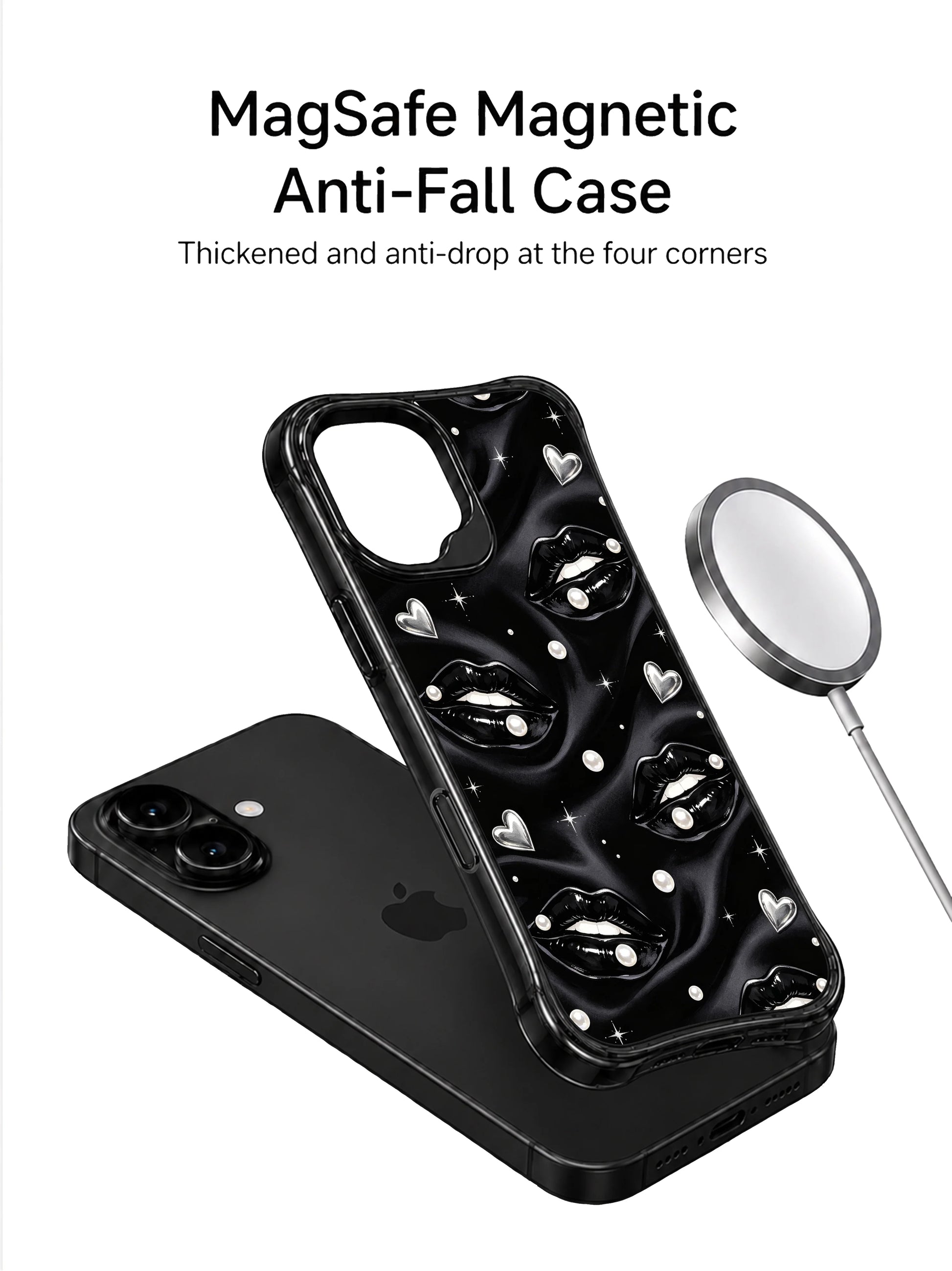 PhoneCasing iPhone 16 case featuring glossy black lip art with scattered pearls, silver hearts, and elegant night-glam styling.