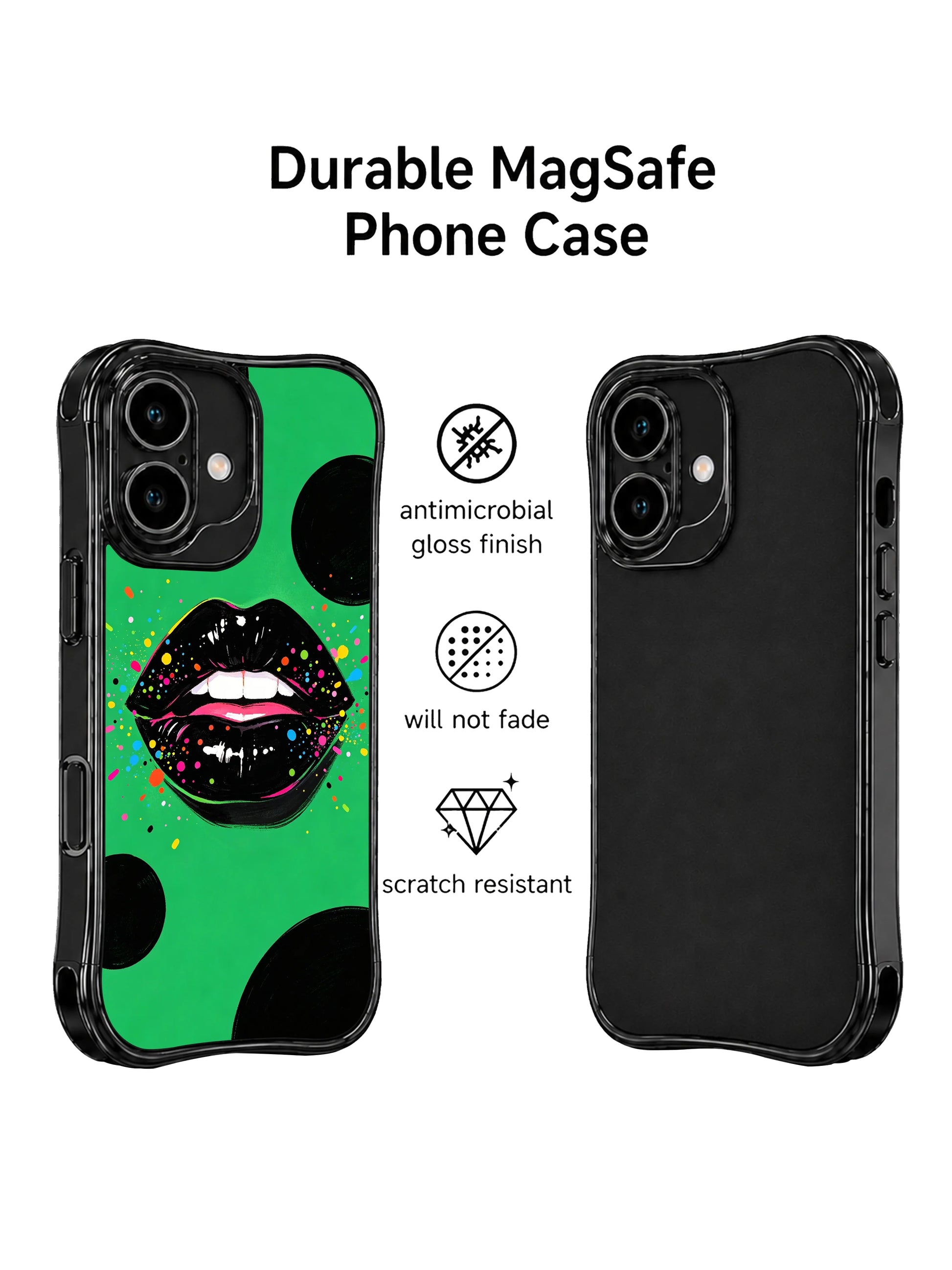 PhoneCasing iPhone 16 case with glossy black lips on an emerald green field, designed for shoppers comparing bold iPhone 16 cases.