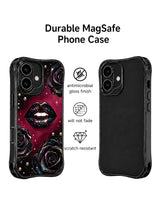 PhoneCasing iPhone 16 case with glossy black lips, black rose petals, silver pearl details, and a moody glam style for iPhone 16 cases.