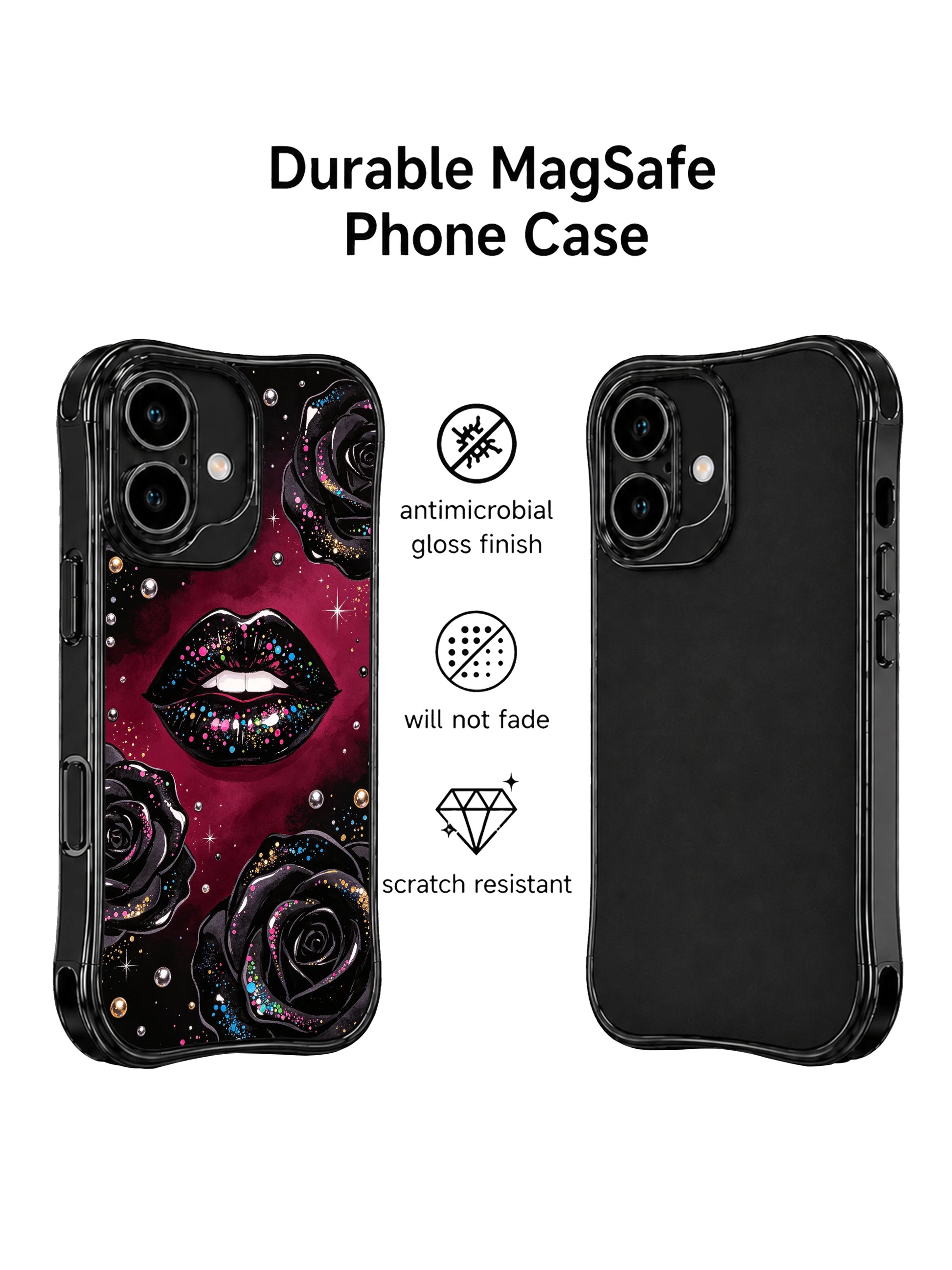PhoneCasing iPhone 16 case with glossy black lips, black rose petals, silver pearl details, and a moody glam style for iPhone 16 cases.