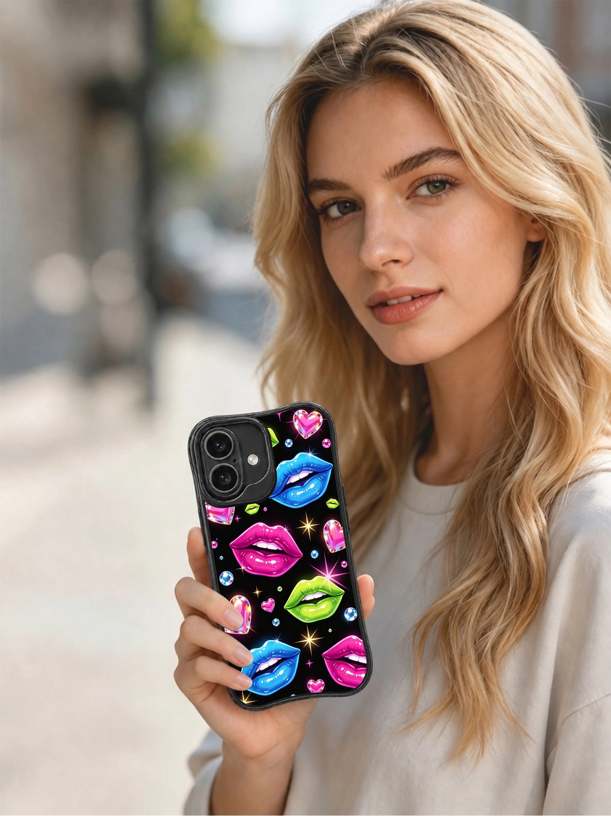PhoneCasing iPhone 16 case with glossy neon kiss artwork, electric hearts, and crystal accents for shoppers comparing iPhone 16 Pro Max case styles.