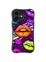 PhoneCasing iPhone 16 case with glossy orange lips, vivid purple background, neon green lips, and energetic pop illustration style.