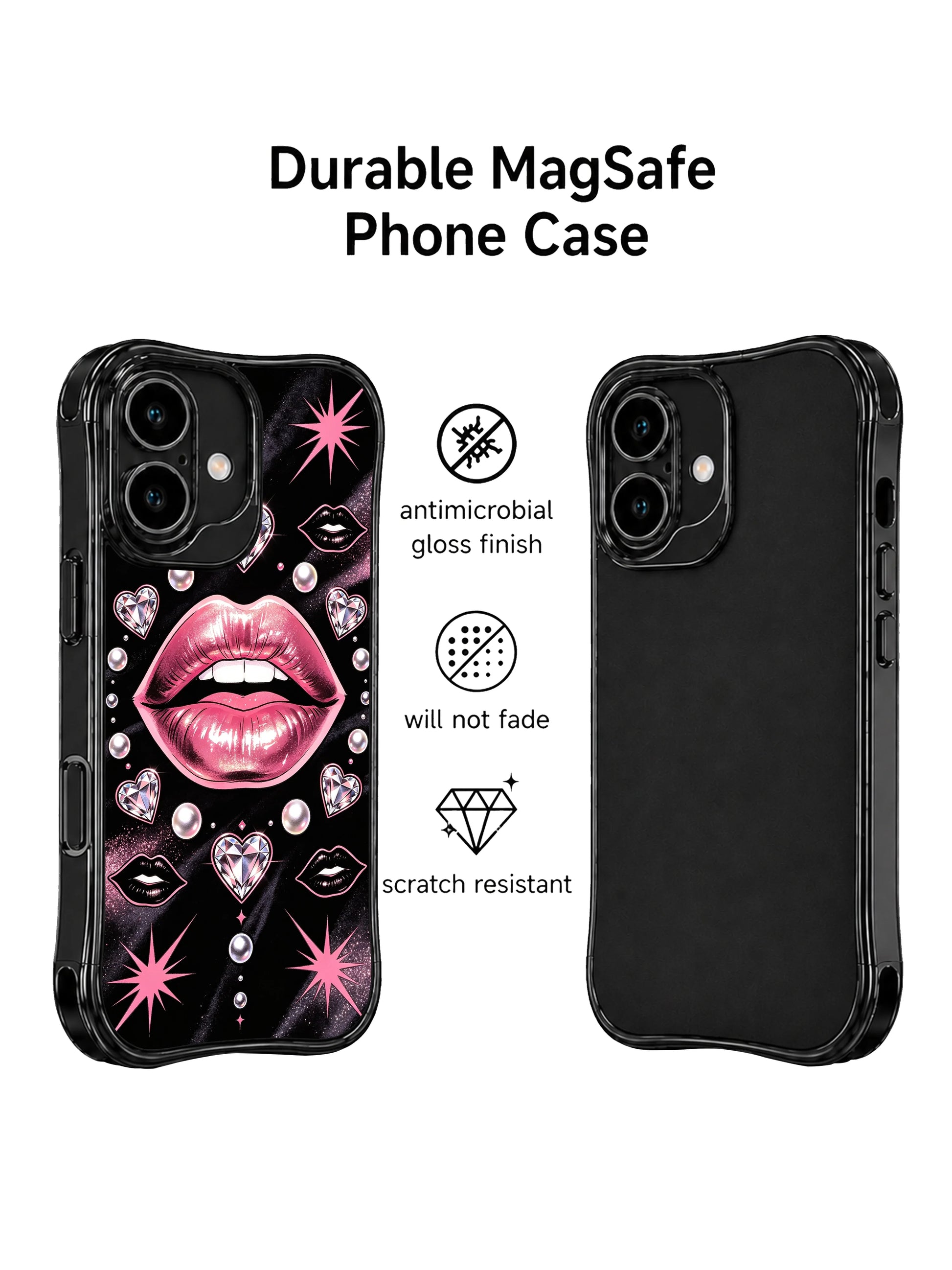 PhoneCasing iPhone 16 case showcasing glossy pink lips, diamond heart motifs, and soft pearl orbs, a fashion-forward iPhone 16 casing with a sleek night-glam mood.