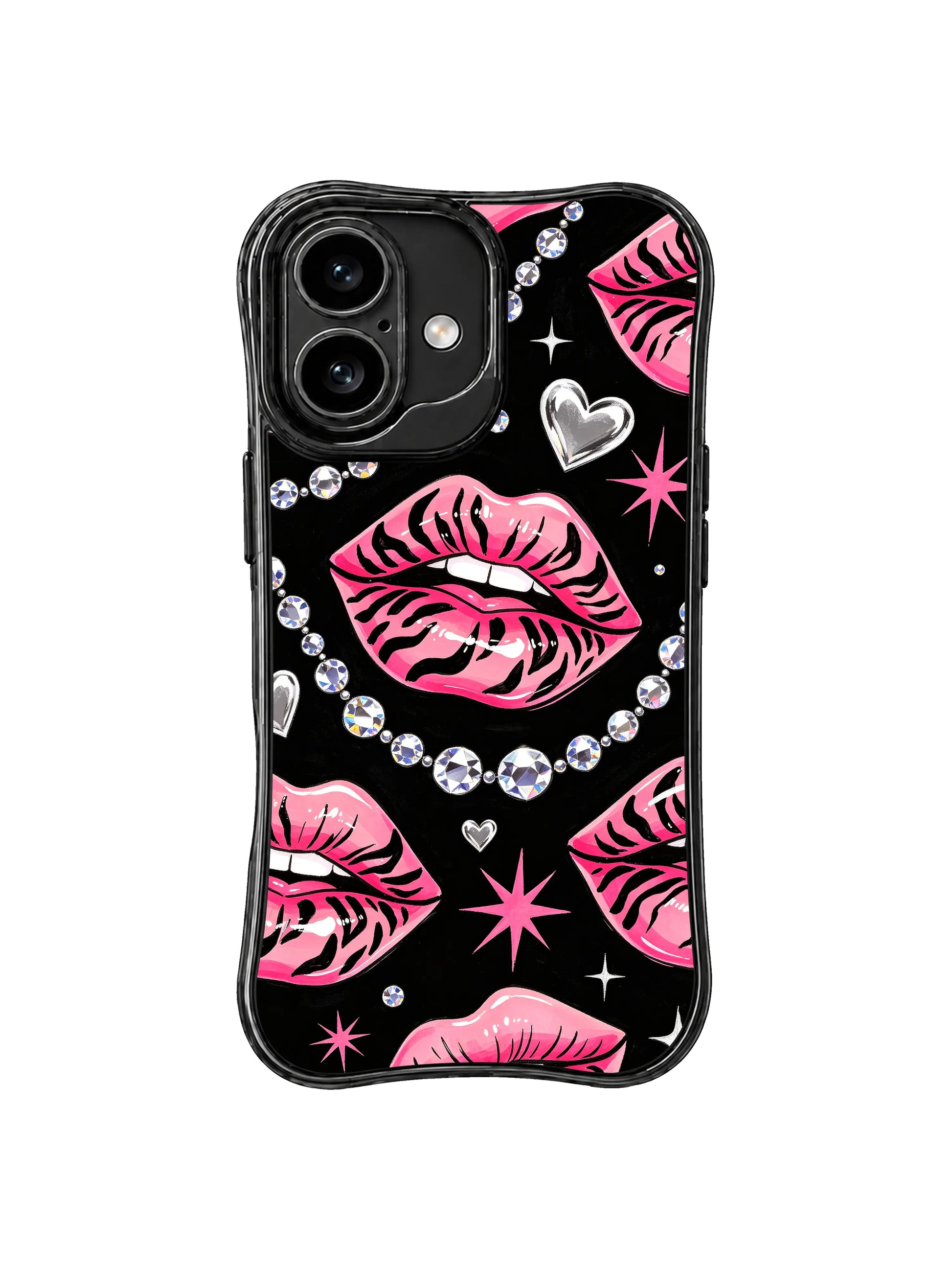 PhoneCasing iPhone 16 case with glossy pink tiger art, silver hearts, and rhinestone chain detail for a polished iphone 16 cover style.