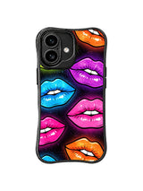 PhoneCasing iPhone 16 case featuring glossy pop lips in orange, blue, pink, and lime, designed with Roxie Vell’s bold fashion illustration style.