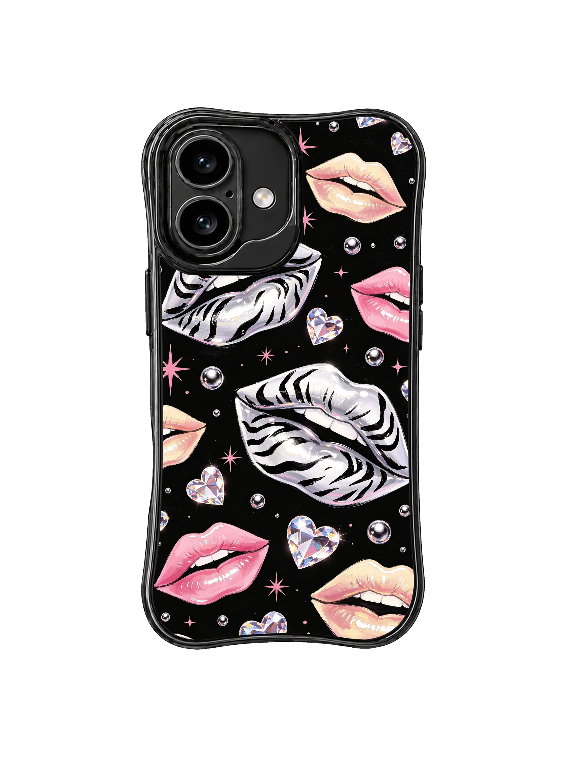 PhoneCasing iPhone 16 case featuring glossy silver zebra kiss artwork with black contrast, pink stars, and crystal heart shine.