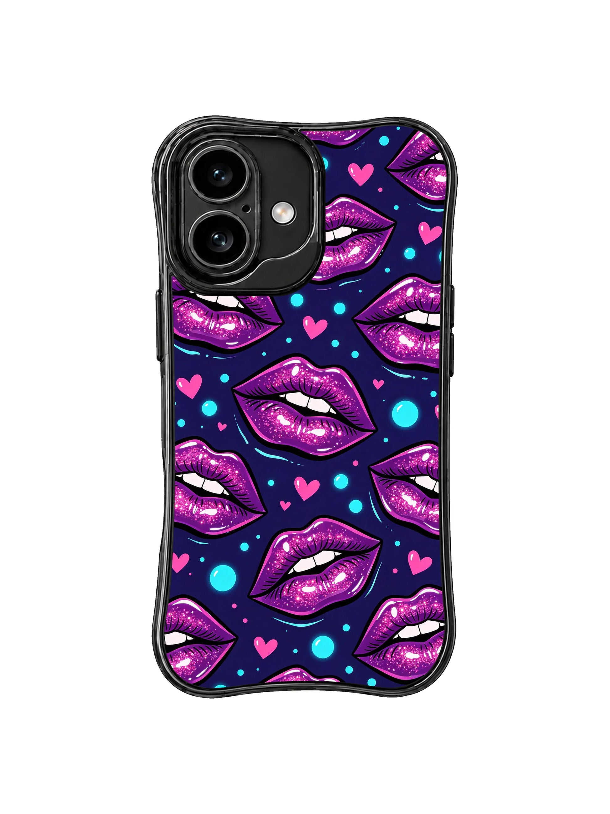 PhoneCasing iPhone 16 case with glossy violet kiss artwork, black outlines, glitter texture, and a romantic dark-pop background.