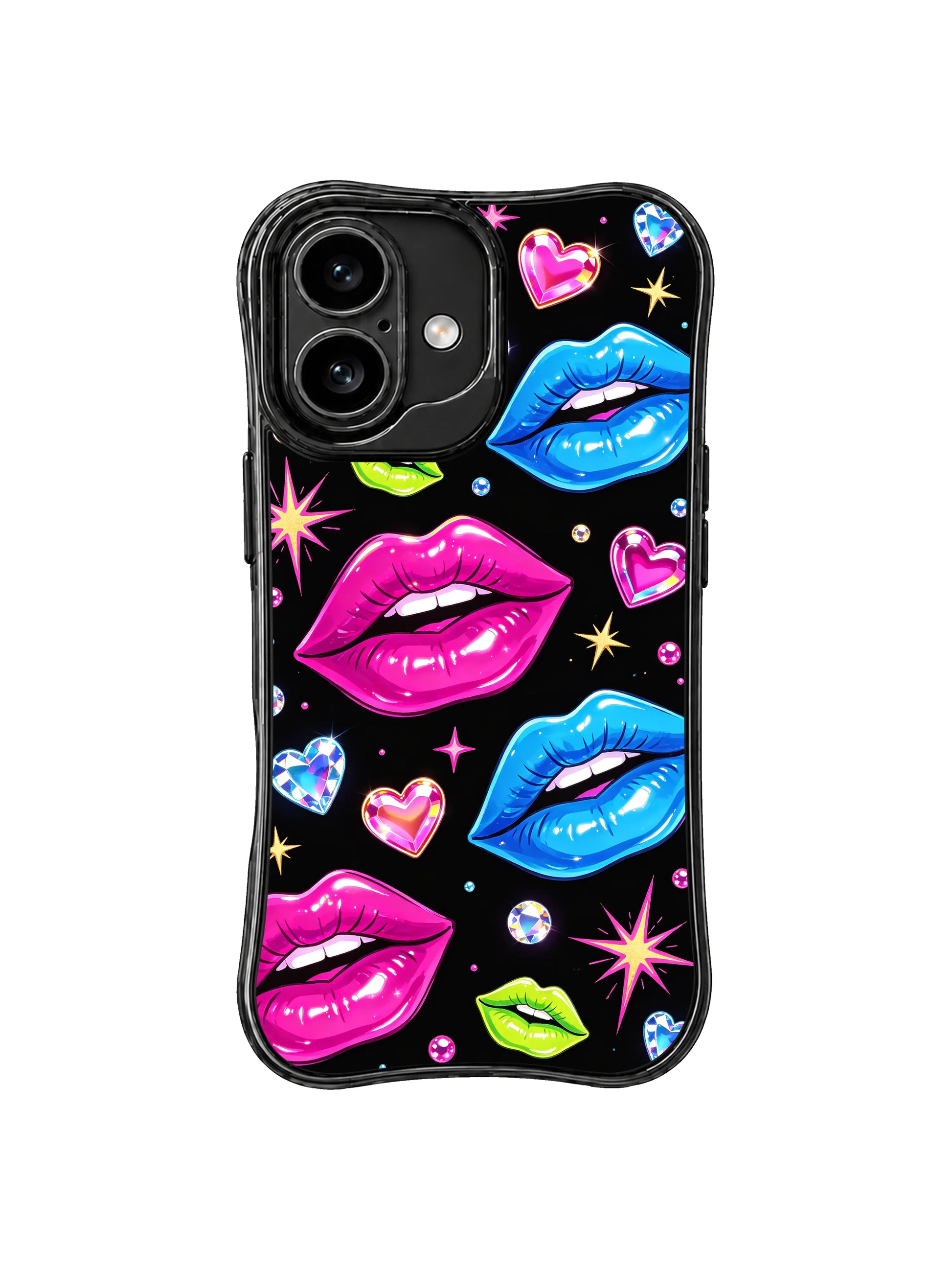 PhoneCasing iPhone 16 case with glowing heart lips, bright gem details, and a black background for a bold everyday iPhone 16 casing look.