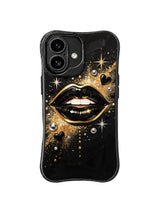 PhoneCasing iPhone 16 case with crown-like gold lip edges, black hearts, and polished glam detail for bold feminine styling.