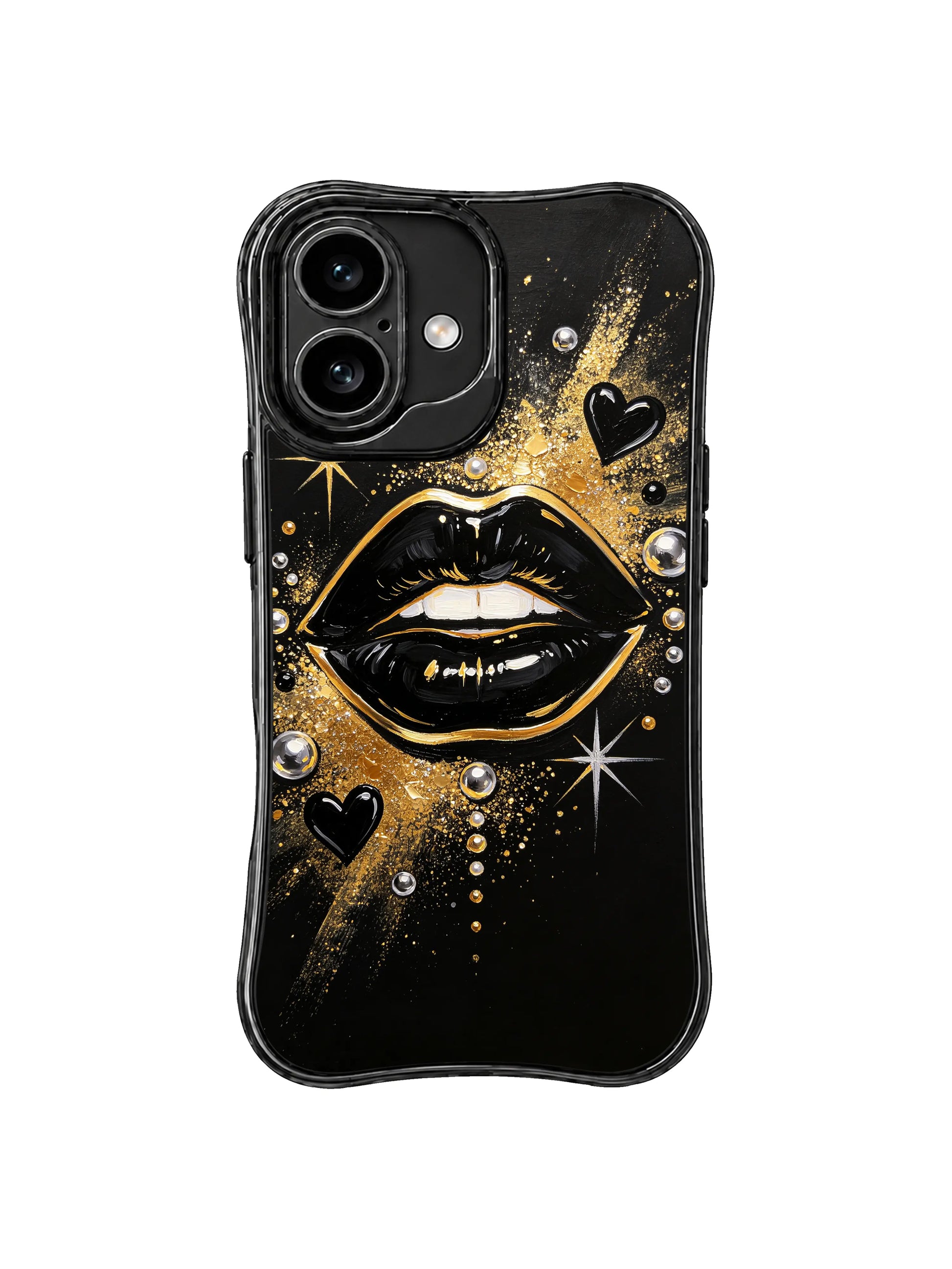 PhoneCasing iPhone 16 case with gold dust, black hearts, and glossy lip artwork for a bold iPhone16 casing inspired by evening glamour.