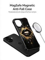 PhoneCasing iPhone 16 case featuring gold glitter bursts, black lip artwork, and jeweled details for an elevated iPhone16 casing style.
