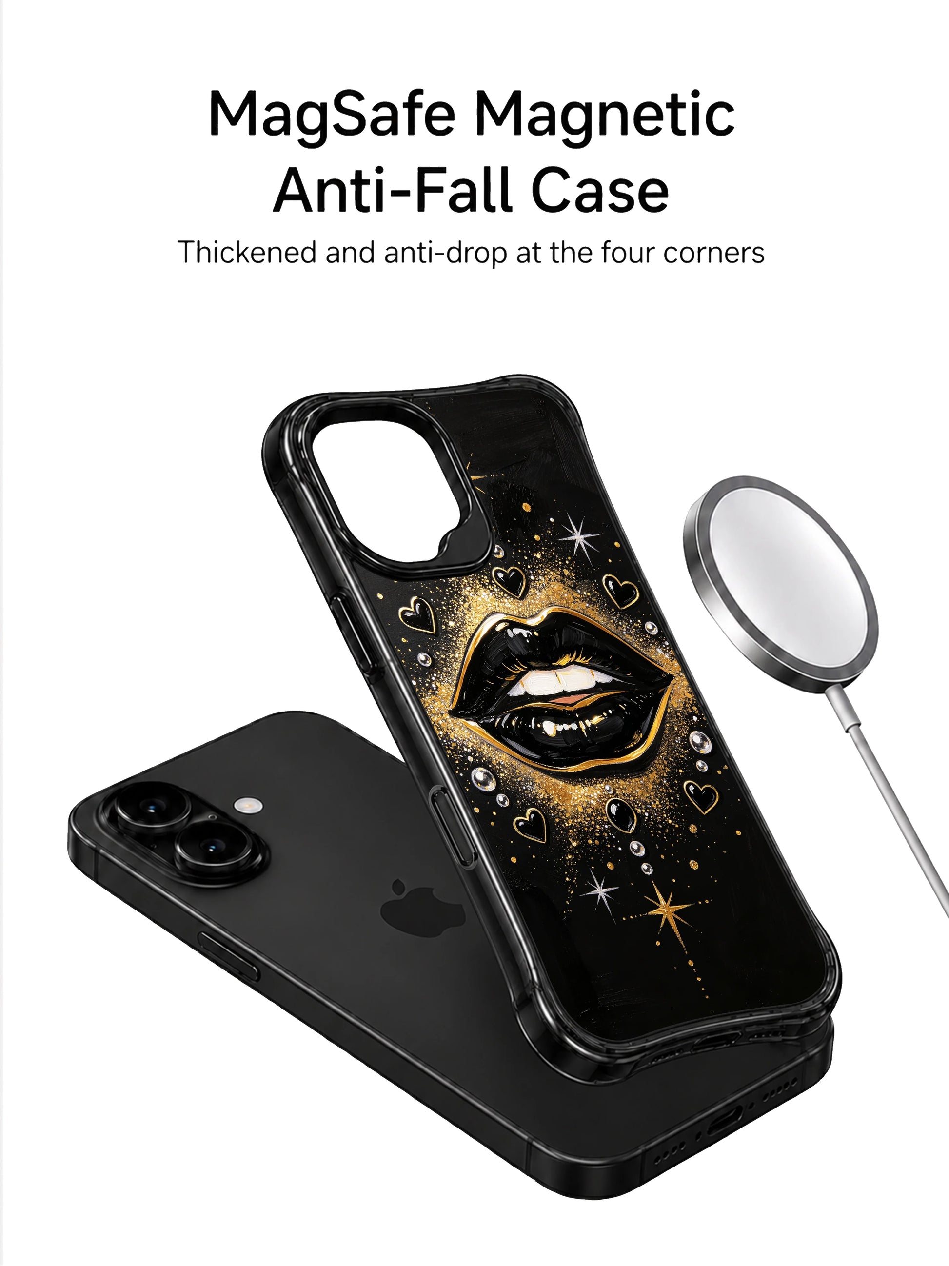 PhoneCasing iPhone 16 case featuring gold glitter bursts, black lip artwork, and jeweled details for an elevated iPhone16 casing style.
