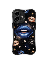 PhoneCasing iPhone 16 case with gold heart accents, blue glitter lips, pearl details, and polished black night glam artwork.