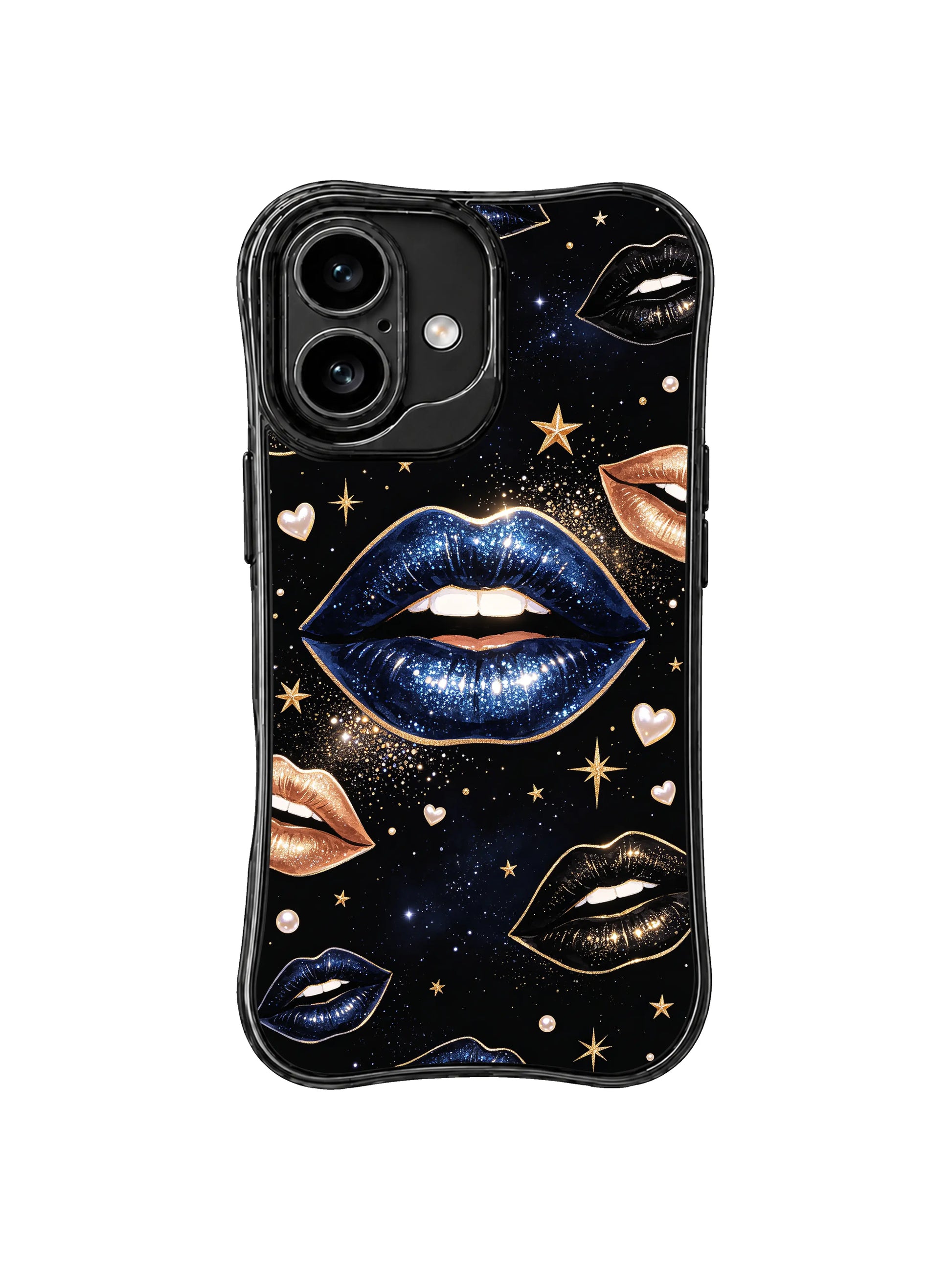 PhoneCasing iPhone 16 case featuring gold lips, blue starfield lips, black space, and pearl hearts for customers comparing iPhone 16 cases.