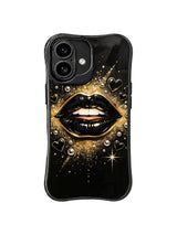 PhoneCasing iPhone 16 case with gold spark details, glossy queen lips, and black heart accents for a refined iPhone 16 casing look.