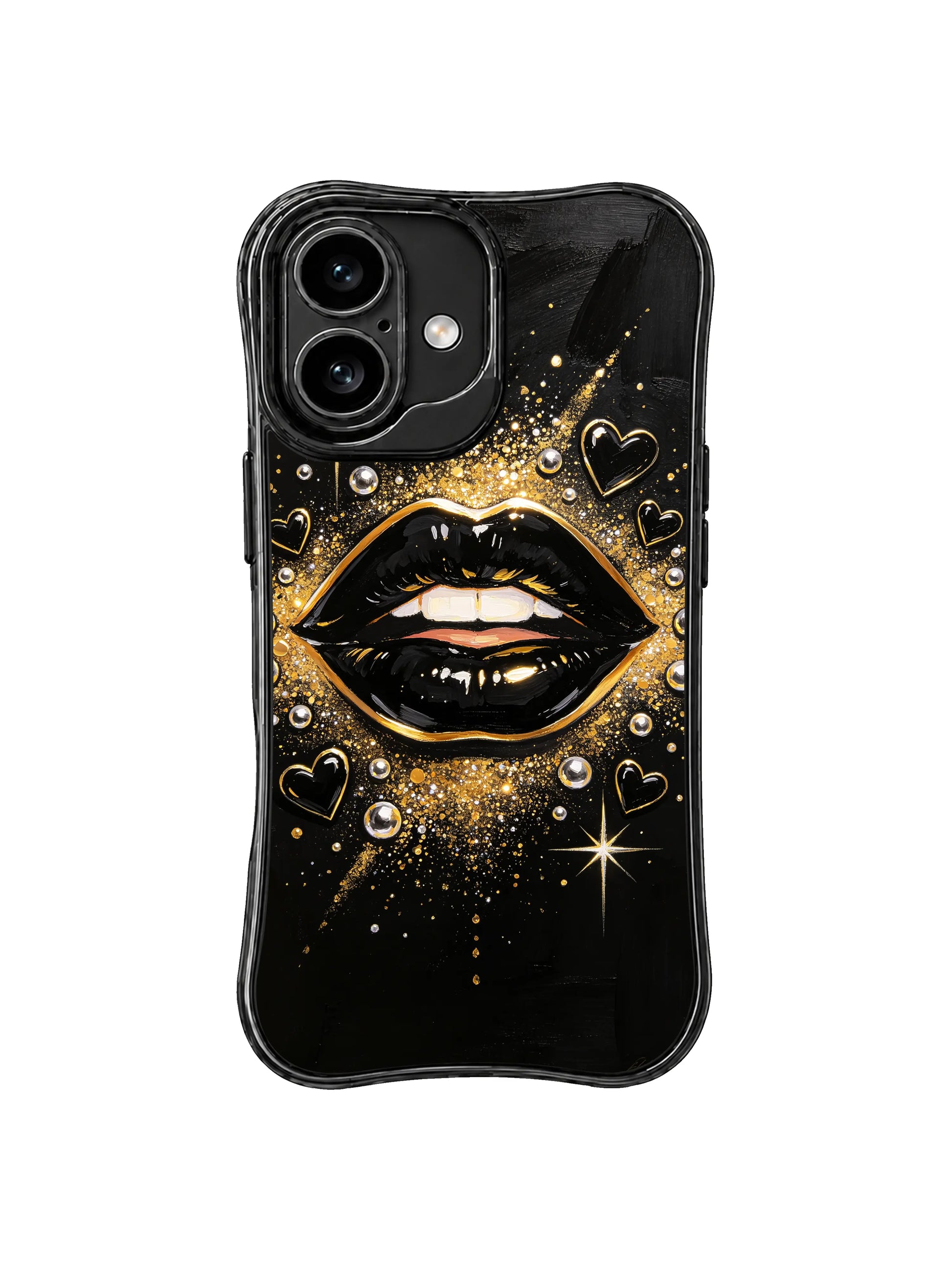 PhoneCasing iPhone 16 case with gold spark details, glossy queen lips, and black heart accents for a refined iPhone 16 casing look.
