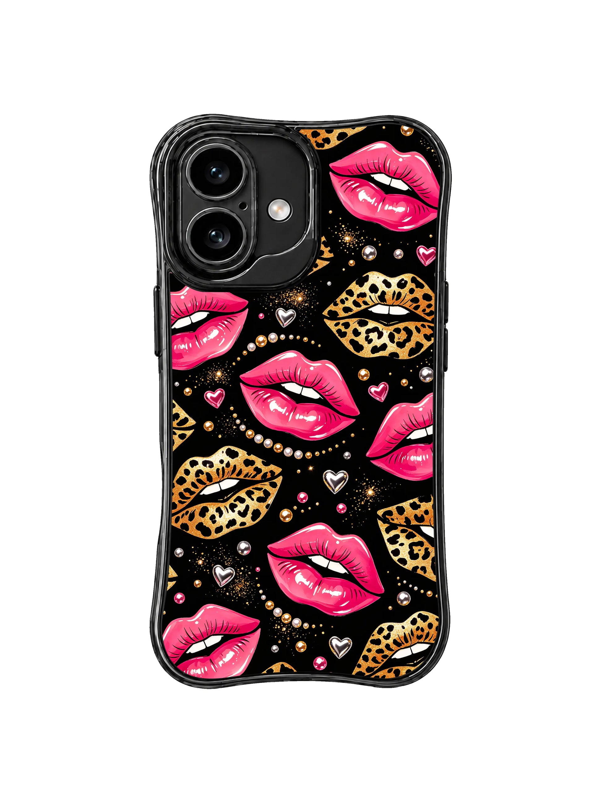 PhoneCasing iPhone 16 case featuring gold sparkle lips, glossy pink lips, and silver heart accents in a polished fashion-illustration style.