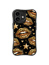 PhoneCasing iPhone 16 case featuring a gold star lip pattern, leopard spots, and cosmic sparkle, designed for customers who want art-led iPhone 16 cases.
