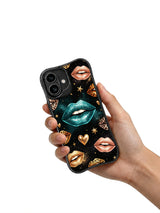 PhoneCasing iPhone 16 case with gold stardust leopard artwork, glossy bronze lips, teal lips, and a premium iPhone 16 cover mood.