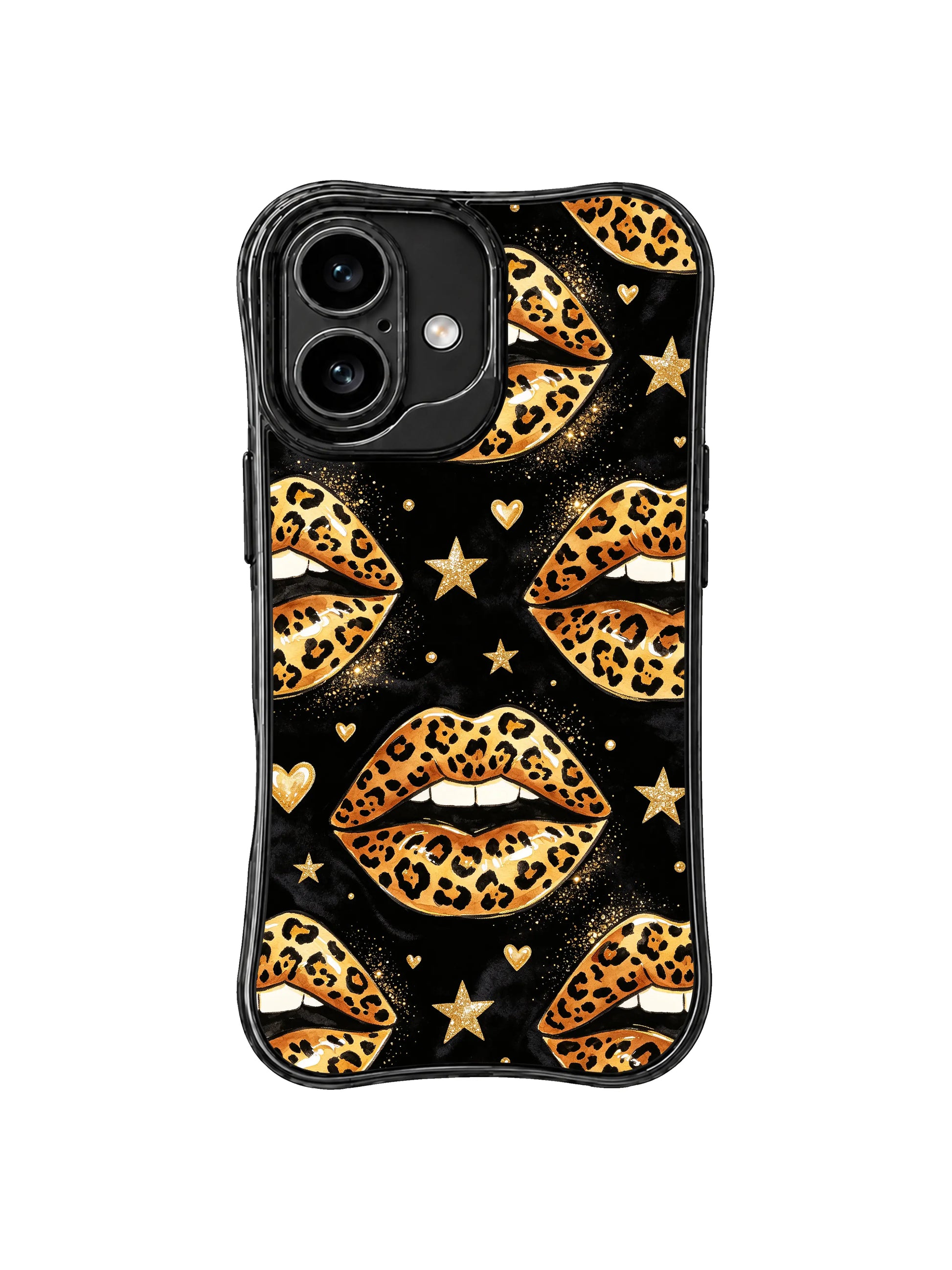 PhoneCasing iPhone 16 case featuring golden hearts and leopard lips, blending retro western energy with modern glam for a standout iphone 16 cover.