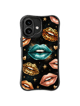 PhoneCasing iPhone 16 case featuring golden instinct lips with leopard markings, black galaxy texture, and shimmering heart details.