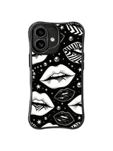 PhoneCasing iPhone 16 case featuring graphic black and white lips, abstract inner-line patterns, and silver bead details on a deep black field.