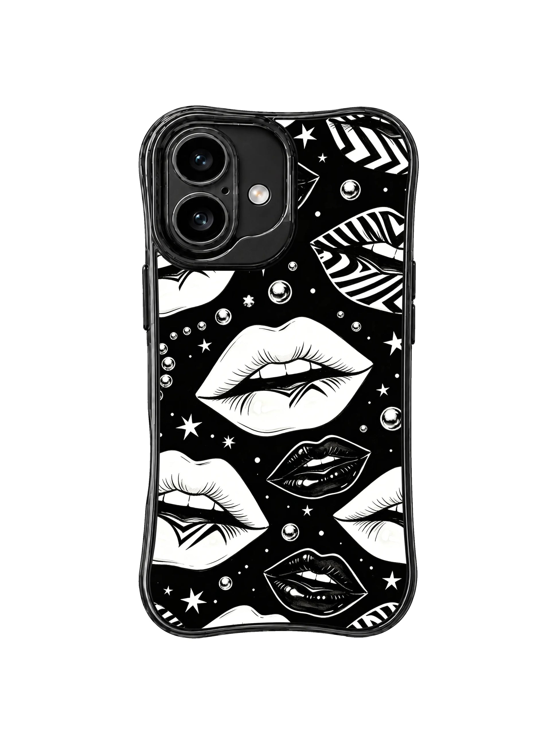 PhoneCasing iPhone 16 case featuring graphic black and white lips, abstract inner-line patterns, and silver bead details on a deep black field.