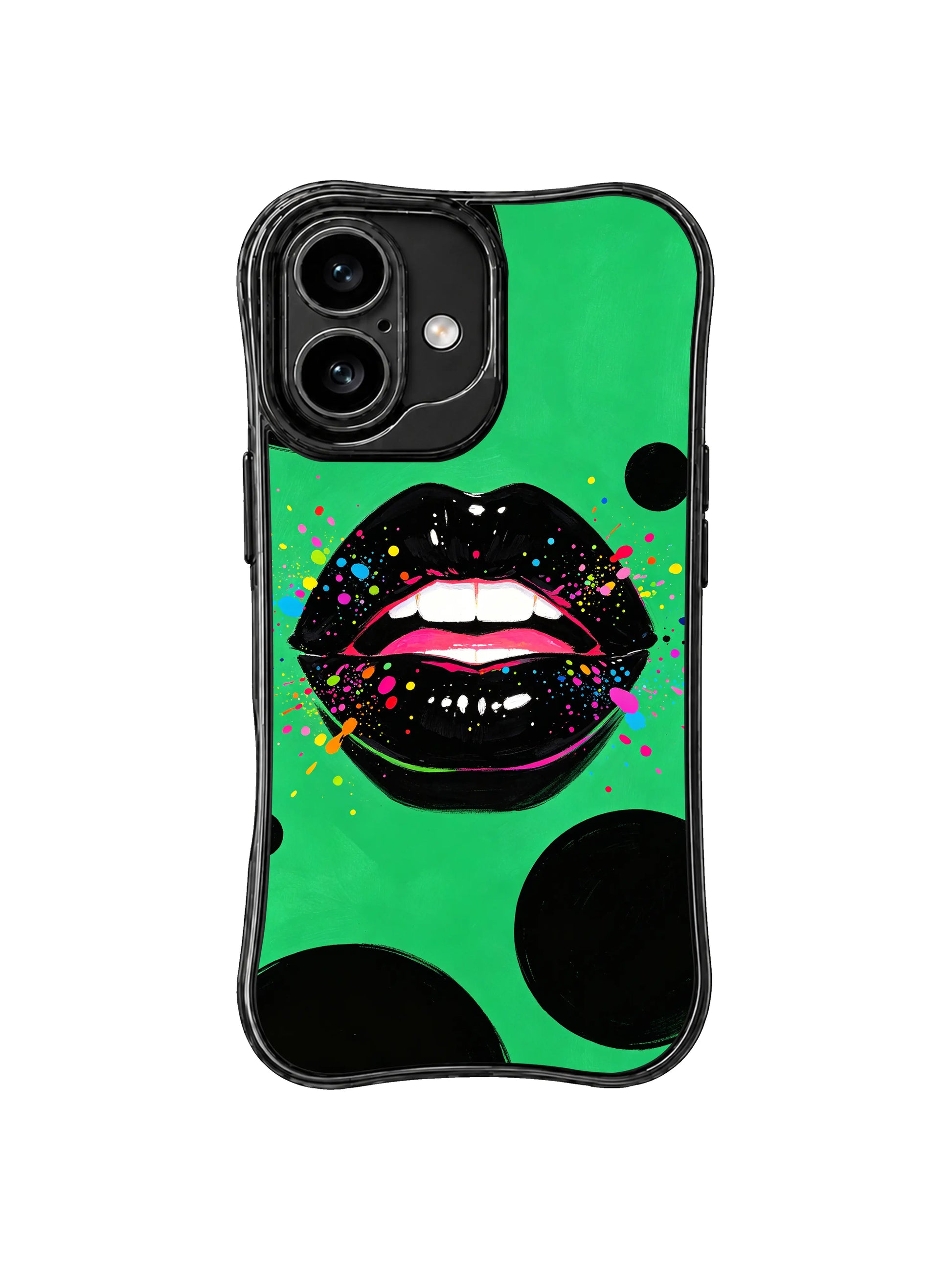 PhoneCasing iPhone 16 case with a green black-dot cover look, glossy lips, and colorful specks for artful everyday styling.