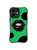 PhoneCasing iPhone 16 case inspired by a hidden emerald club, with glossy black lips, bright dots, and fashion illustration attitude.