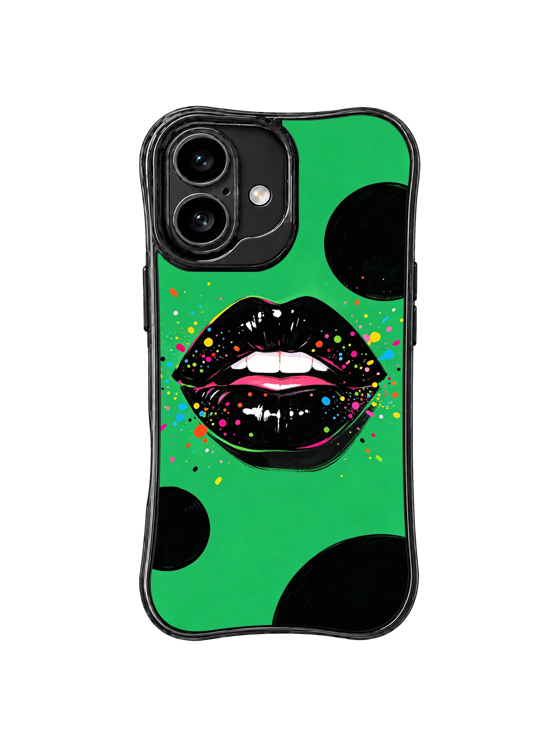 PhoneCasing iPhone 16 case inspired by a hidden emerald club, with glossy black lips, bright dots, and fashion illustration attitude.