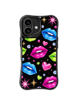 PhoneCasing iPhone 16 case featuring heart charm glam details, neon lipstick shapes, and crystal accents for iPhone 16 Pro case inspired styling.