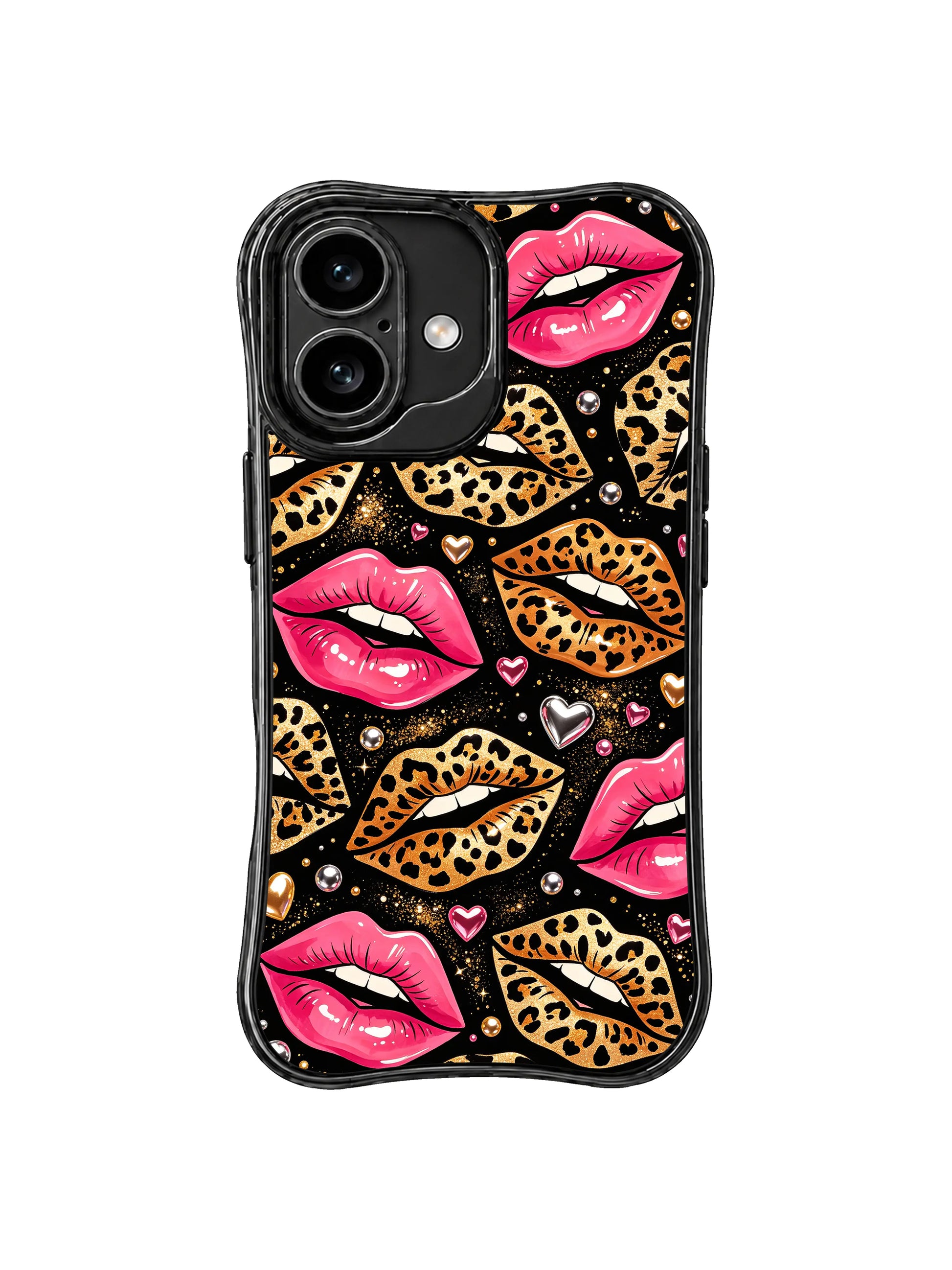 PhoneCasing iPhone 16 case with hot pink lips, gold sparkle, and leopard-print accents, a standout among fashion-inspired iPhone 16 cases.