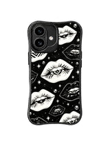 PhoneCasing iPhone 16 case featuring ink-like black and white lips, clean star details, silver dots, and a gallery-style iPhone16 casing look.