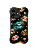 PhoneCasing iPhone 16 case featuring leopard heart galaxy details with teal center lips, gold hearts, and black cosmic depth.