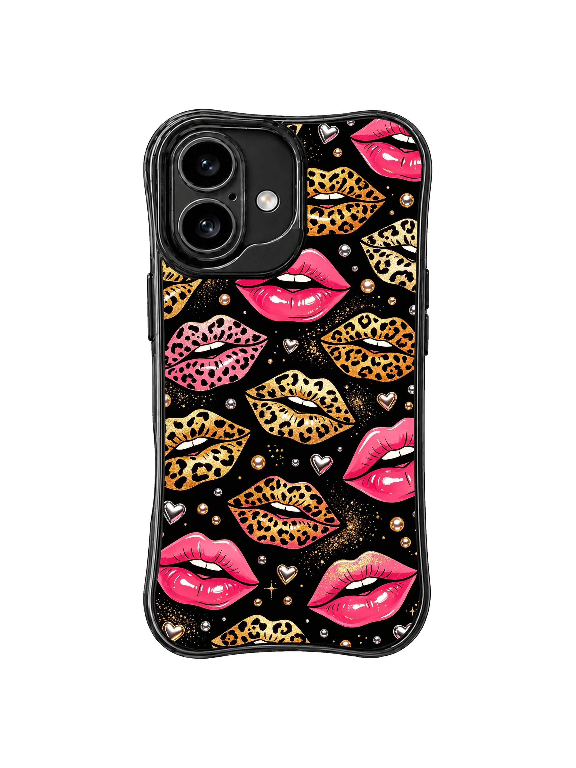 PhoneCasing iPhone 16 case with leopard kiss artwork, crystal dots, and star-like shimmer, offering a chic artistic iphone 16 cover.