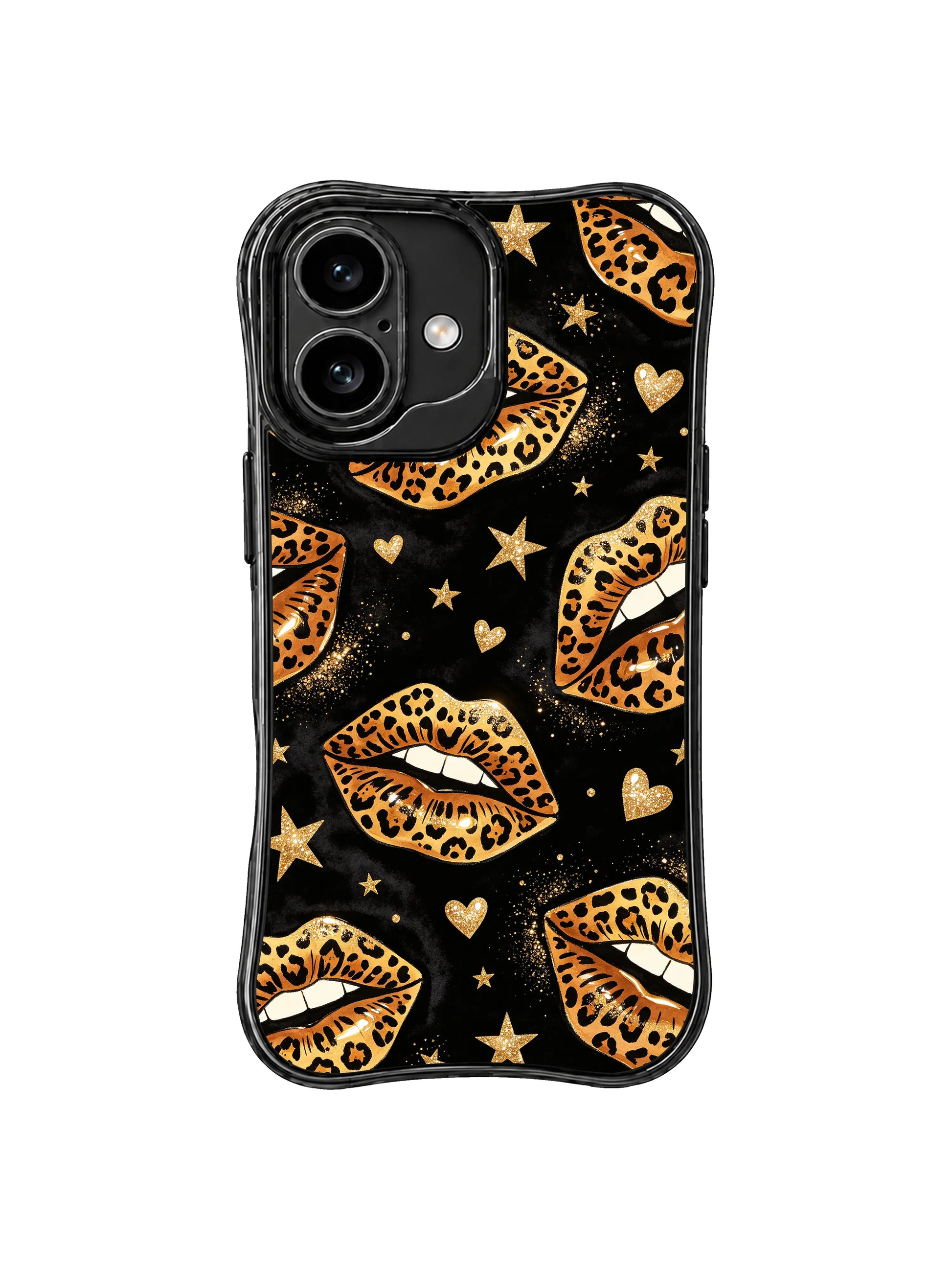 PhoneCasing iPhone 16 case with leopard kiss constellation styling, black background, and golden glitter details for shoppers comparing iPhone 16 Pro Max case looks.