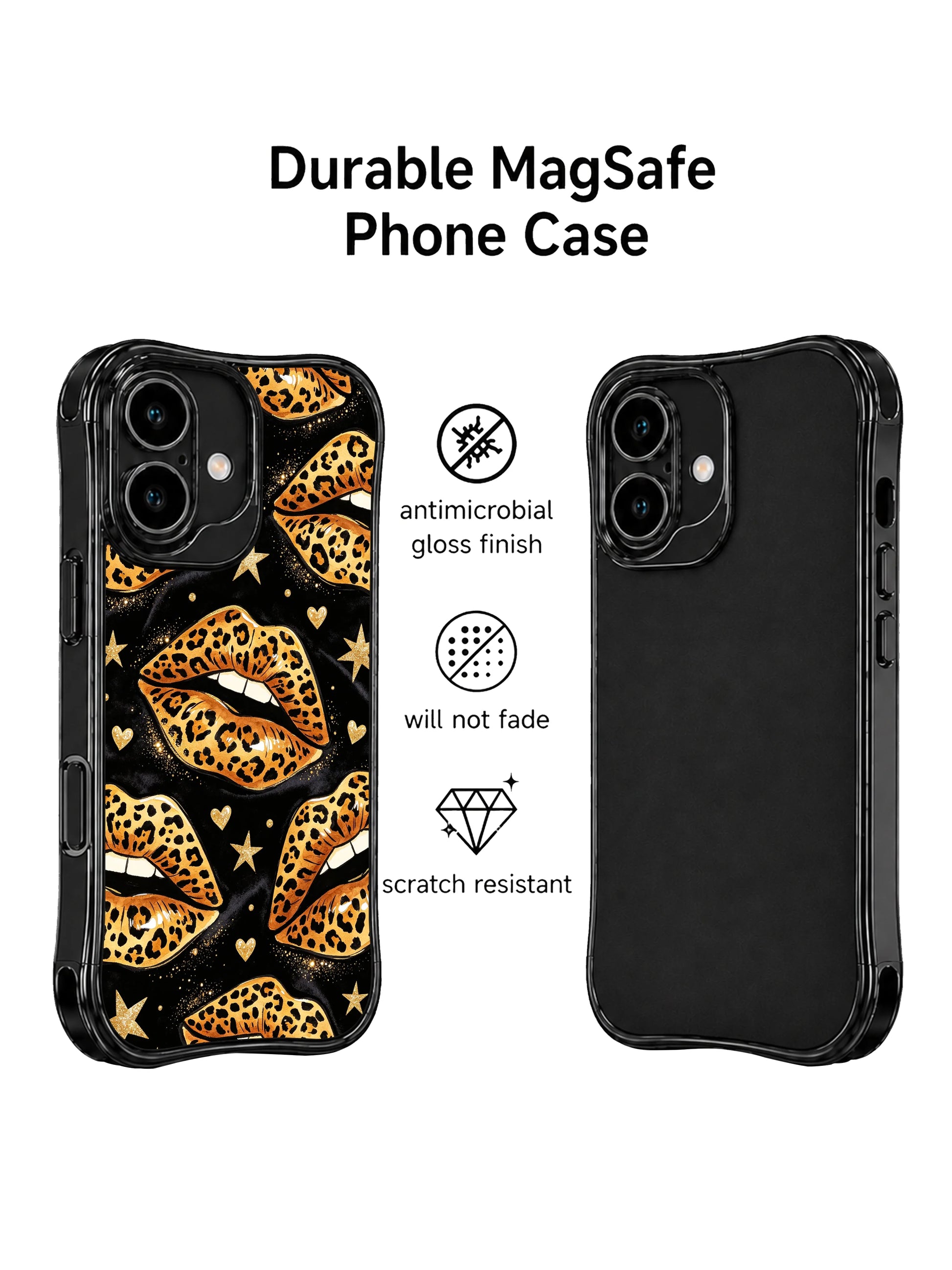 PhoneCasing iPhone 16 case with leopard lips and gold stars on black, a glam western-inspired design for shoppers browsing iPhone 16 cases and expressive everyday style.