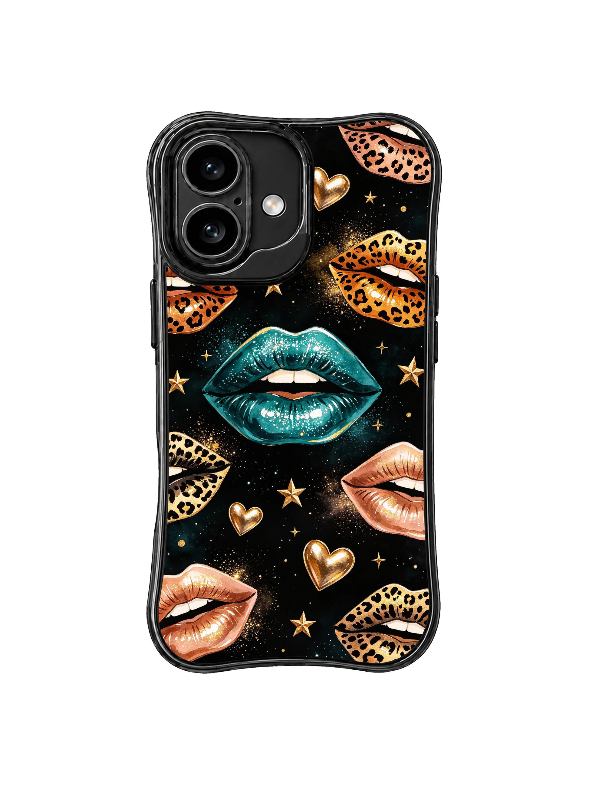 PhoneCasing iPhone 16 case with leopard night command artwork, teal center lips, bronze lips, and glittering black galaxy details.