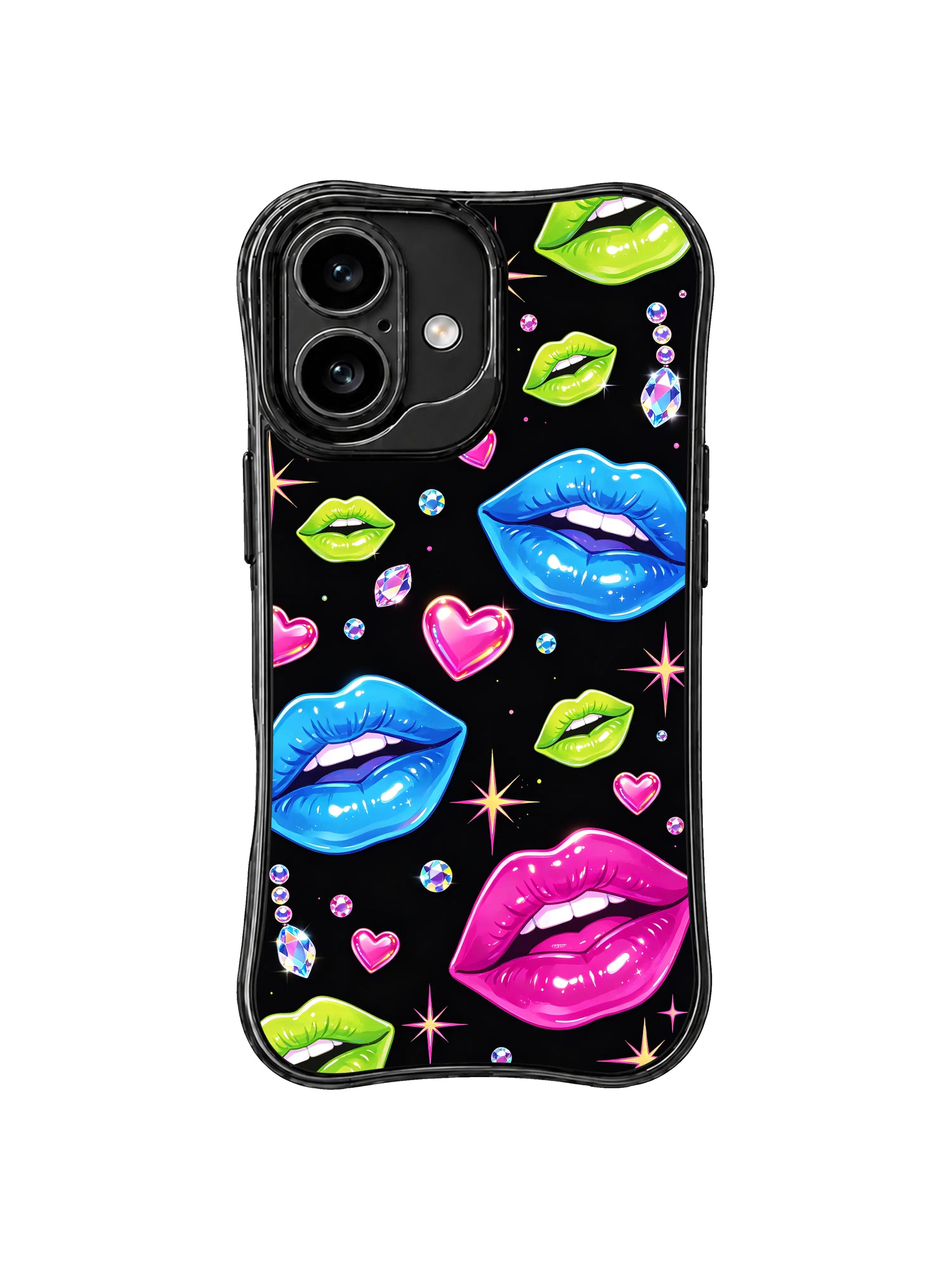 PhoneCasing iPhone 16 case with lime, blue, and pink lips on black, designed for shoppers who love vivid iPhone 16 case artwork.