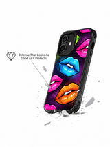 PhoneCasing iPhone 16 case featuring lime, blue, and pink pop lips with sharp black outlines and glossy highlights for daily statement style.