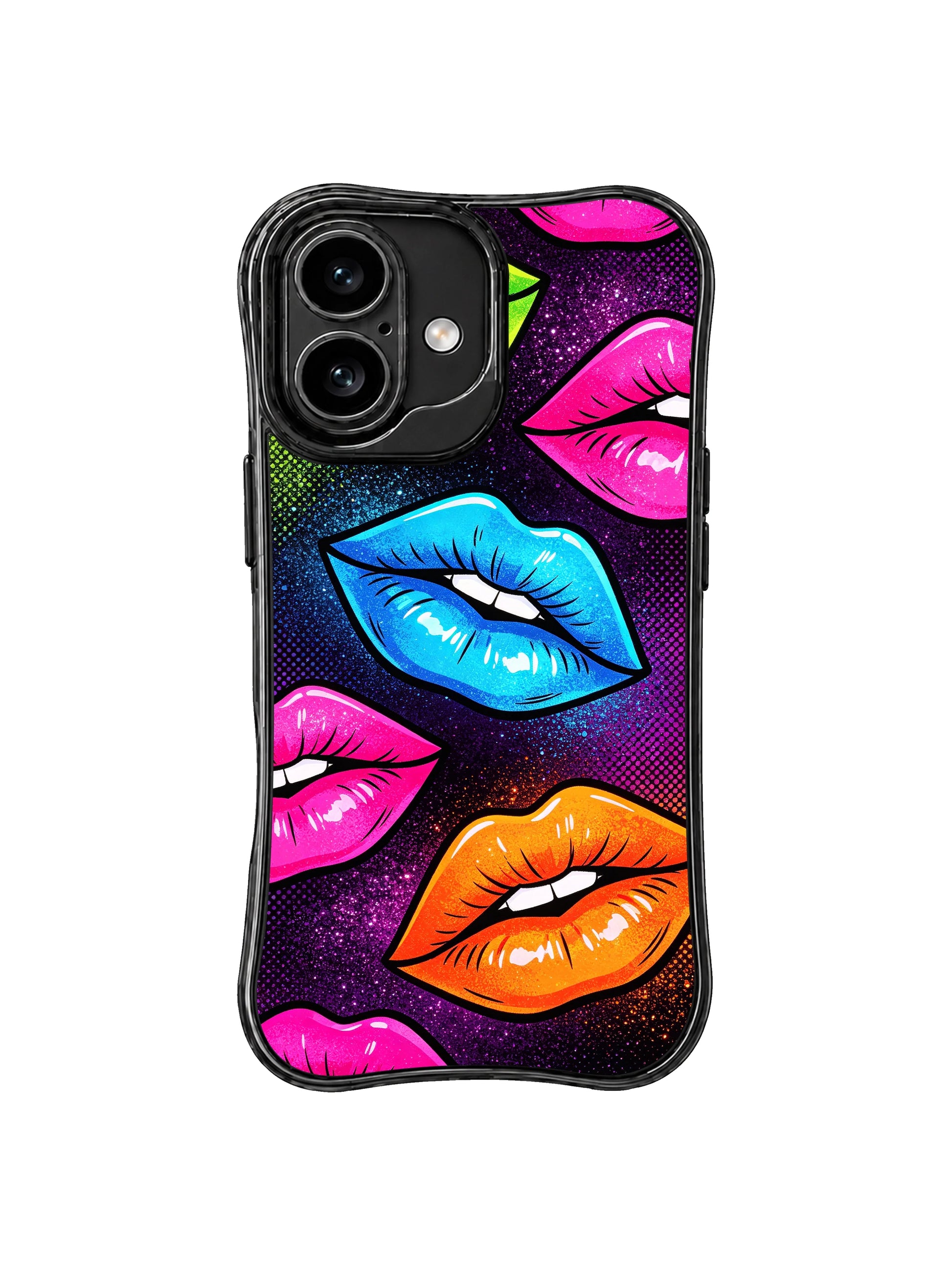 PhoneCasing iPhone 16 case featuring Lime Electric Kiss artwork with neon lime, blue, pink, and orange lips over a purple rave-inspired background.