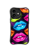PhoneCasing iPhone 16 case with lime pulse pop-art details, blue and orange lips, and energetic movement across the design.