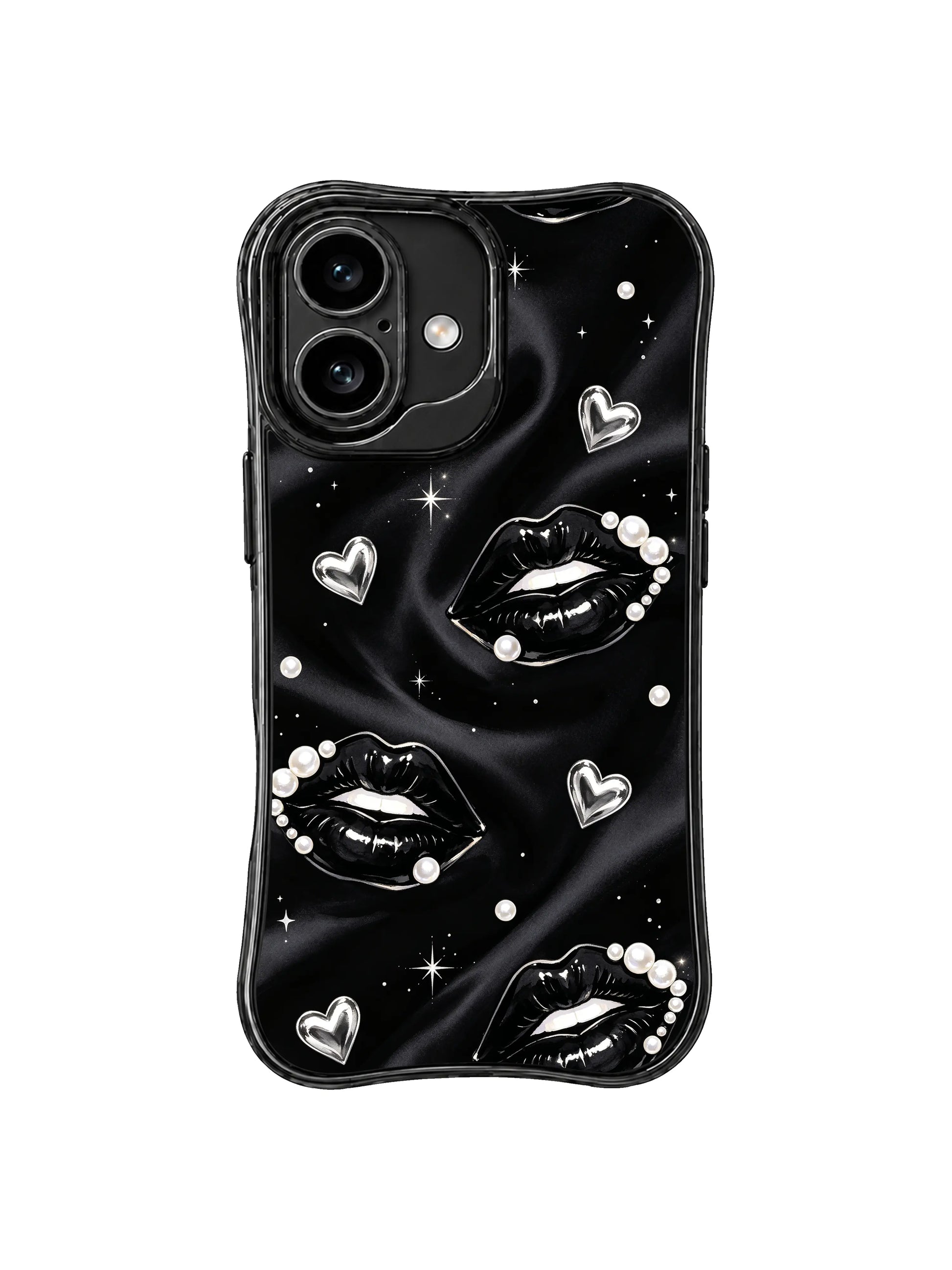 PhoneCasing iPhone 16 case featuring luxe black kiss artwork with pearls, silver hearts, and star-like details on a smooth dark background.