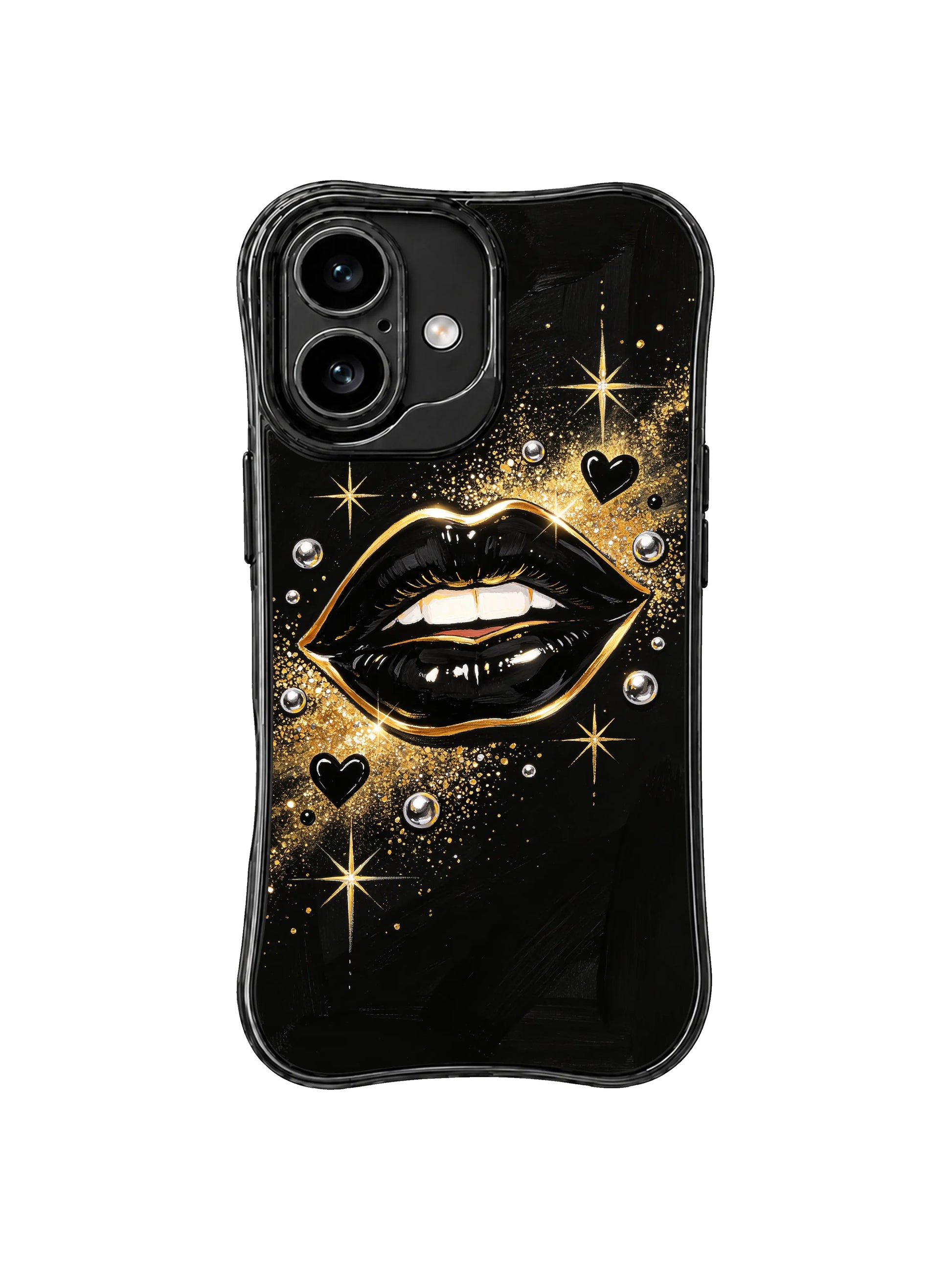 PhoneCasing iPhone 16 case featuring luxury black and gold kiss artwork with sparkling beads and painted black background texture.